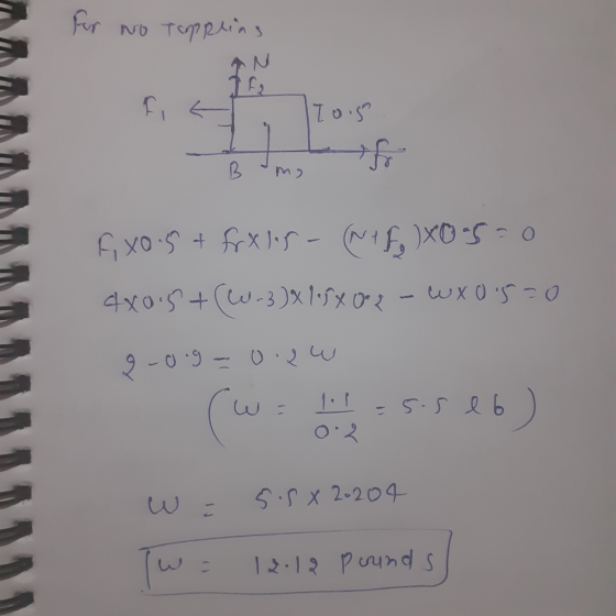 For no Topplins Tois F, x0.5 + frx15 - (NIF) XO5 = 0 4x0.5+ (-3) X1.5X02 - WXos=0 9 -0.9 - 0.qw (w=ls = 5.5 lb) 5.5 x 2.204 w