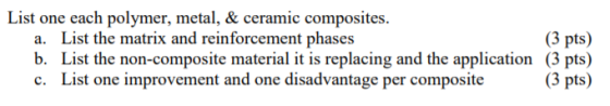 List one each polymer, metal, & ceramic composites. (3 pts) a. b. c. List the matrix and reinforcement phases List the non-composite material it is replacing and the application (3 pts) List one improvement and one disadvantage per composite (3 pts)