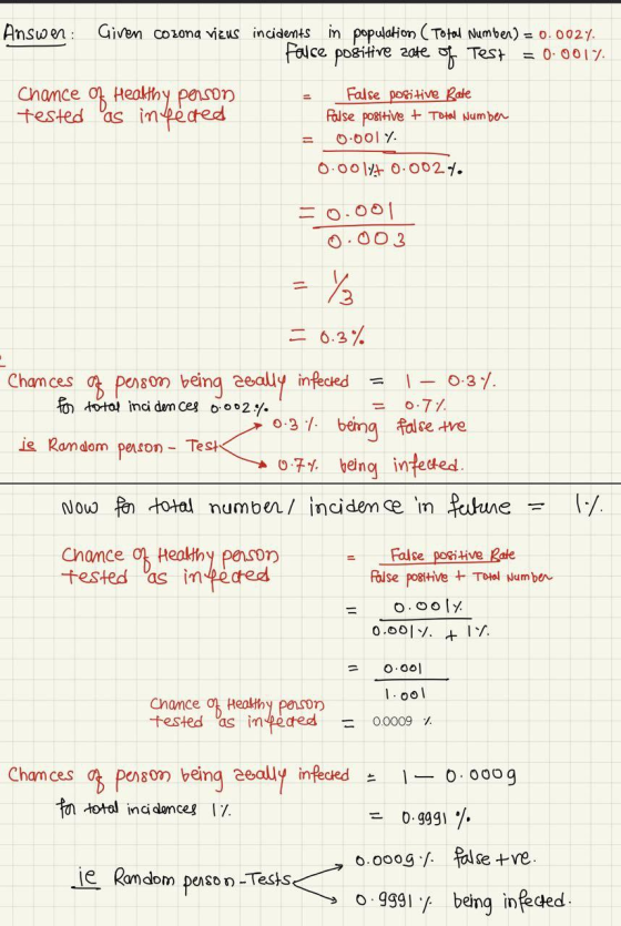 Answer: Given cozona vizus incidents in population ( Total Number) = 0.0024. false positive zate of Test = 0.001%. chance of