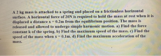 A 2 kg mass is attached to a spring and placed on a frictionless horizontal surface. A horizontal force of 20N is required to