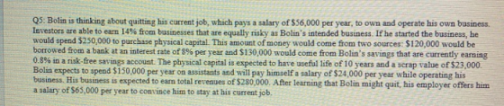Q5: Bolin is thinking about quitting his current job, which pays a salary of $56,000 per year, to own and operate his own bus