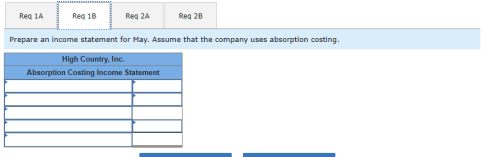 Reg 14 Reg 1B Reg 2A Reg 28 Prepare an income statement for May. Assume that the company uses absorption costing. High Countr