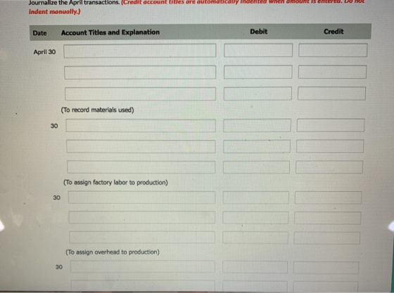 Journalize the April transactions. (Credit account titles are automatically indented when amount is enterea, DU NOE indent ma