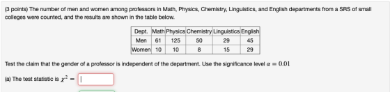 (3 points) The number of men and women among professors in Math, Physics, Chemistry, Linguistics, and English departments fro