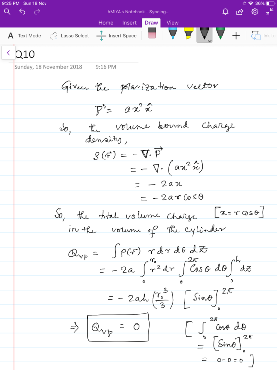 9:25 PM Sun 18 Nov 36% AMIYAs Notebook - Syncing... Home Insert Draw View A Text ModeLasso Select Insert Space Ink t 010 Sun