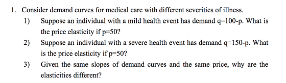 1. Consider demand curves for medical care with different severities of illness. 1) Suppose an individual with a mild health