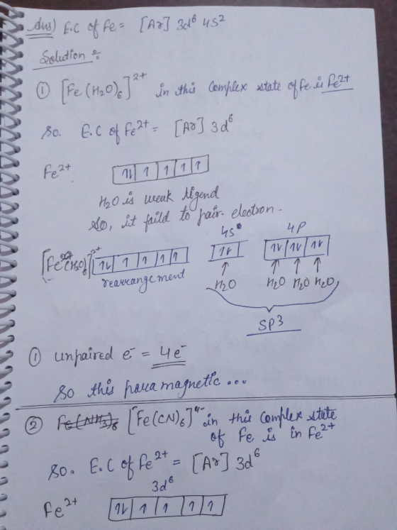 B MAMA20242428042A002919 S dws) Enc of fe= [Ar] 3h 8 45² Solution O [Fe (120)] in this complex state of fe di Pezt B so. GoC
