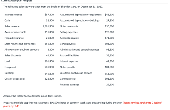Current Attempt in Progress The following balances were taken from the books of Sheridan Corp. on December 31, 2020. Interest