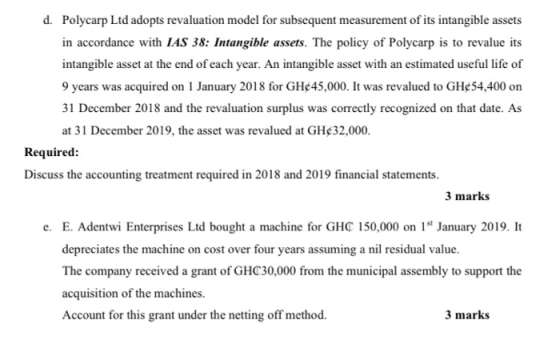 d. Polycarp Ltd adopts revaluation model for subsequent measurement of its intangible assets in accordance with IAS 38: Intan