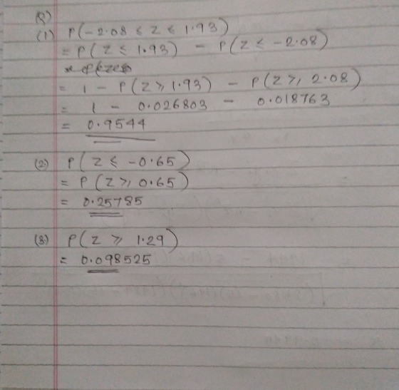 (ir(-2.08 & 2 e 1.93) = P(Z < 1.93) - 1(22 - 2:08 1 - P(Z > 1.93) 0.026803 0.9544 P (27, 2:08) 0.018763 111 p(28 -0.65 = P (2