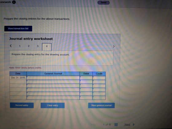 mework i Saved Prepare the closing entries for the above transactions. View transaction list Journal entry worksheet < 1 2 3