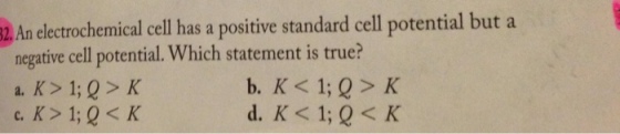 Image for An electrochemical cell has a positive standard cell potential but a negative cell potential. Which statement