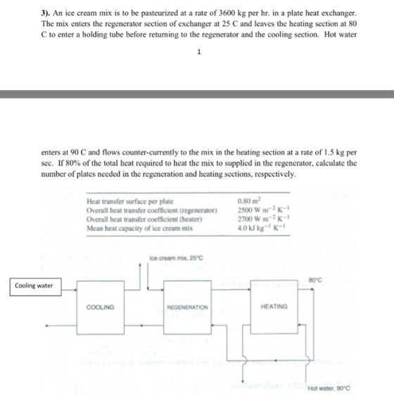 3). An ice cream mix is to be pasteurized at a rate of 3600 kg per hr. in a plate heat exchanger. The mix enters the regenerator section of exchanger at 25 C and leaves the heating section at 80 C to enter a holding tube before returning to the regenerator and the cooling section. Hot water enters at 90 C and flows counter-currently to the mix in the heating section at a rate of 1.5 kg per sec. If 80% of the total heat required to heat the mix to supplied in the regenerator, calculate the number of plates needed in the regeneration and heating sections, respectively. 0.80 m2 Heat transfer surface per plate Overall heat transfer coefficient (regenerator) Overall heat transfer coefficient (heater) Mean heat capacity of ice cream mix 2500 Wm2K- 2700 W m2 K- ce cream mix, 25C 80°C Cooling water COOLING REGENERATION HEATING Hot water, 90