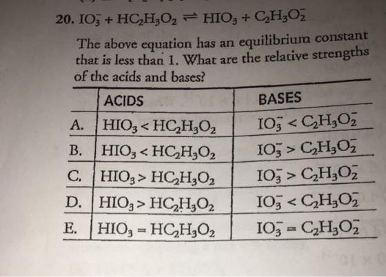 20. IO3 + HC,H,O2 = HIO3 + CH3Oz The above equation has an equilibrium constant that is less than 1. What are the relative st