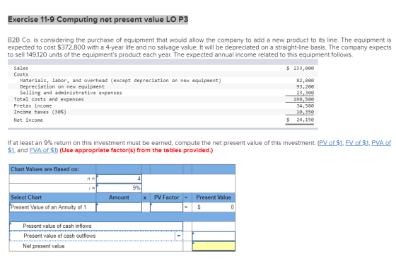 Exercise 11-9 Computing net present value LO P3 B2B Co. is considering the purchase of equipment that would allow the company to add a new product to its line. The equipment is expected to cost $372,800 with a 4-year life and no salvage value. It will be depreciated on a straight-line basis. The company expects to sell 149,120 units of the equipments product each year. The expected annual income related to this equipment follows Sales Costs $ 233,000 Materials, labor, and overhead (except depreciation on new equipment) 82,000 93,200 23,300 198,500 34, 500 10,350 $ 24,150 Depreciation on new equipment Selling and administrative expenses Total costs and expenses Pretax income Income taxes (30%) Net income If at least an 9% return on this investment must be earned, compute the net present value of this investment. (PV of $1. FV of $1, PVA Of $1, and FVA of $1 (Use appropriate factor(s) from the tables provided.) Chart Values are Based on: n= 4 9% Select Chart Amount x PV Factor-1 Present Value resent Value of an Annuity of 1 Present value of cash inflows Present value of cash outflows Net present value