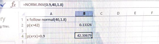 =NORM.INV(0.9,40,1.8) C D E F i x follow normal(40,1.8) 2 p(x342) g files. 0.13326 4 p(x<x)=0.9 42.30679
