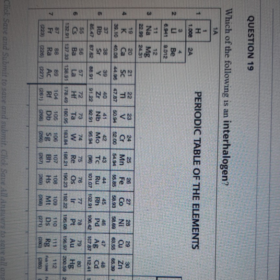 QUESTION 19 Which of the following is an interhalogen? PERIODIC TABLE OF THE ELEMENTS Be 90112 Na Mg 2195 24.31 22 23 24 28 2