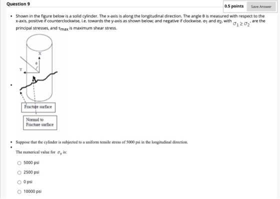 Question 9 0.5 points Save Answer . Shown in the figure below is a solid cylinder. The x-axis is along the longitudinal direc