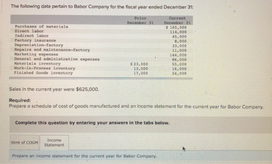 The following data pertain to Babor Company for the fiscal year ended December 31: Prior December 31 Purchases of materials D