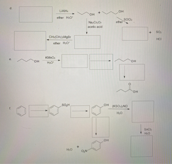 d LiAIH4 он + ОН ether H30 SOCI ether Na2Cr2O7 acetic acid + so, CH(CH2). MgBr ether H2O HCI е. он KMnO4 H30* он ОН SO5H ОН (