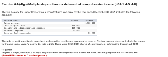 Exercise 4-4 (Algo) Multiple-step continuous statement of comprehensive income (L04-1, 4-5, 4-6] The trial balance for Lindor