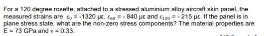 For a 120 degree rosette, attached to a stressed aluminium alloy aircraft skin panel, the measured strains are εο--1320 με.4,