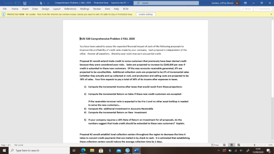 Scarch Gardner, Icffrey Steven G Comprehensive_Problem 2 FALL_2020 - Protected View - Saved to this BC- File Home Insert Draw