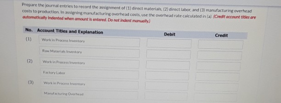 Prepare the journal entries to record the assignment of (1) direct materials, (2) direct labor, and (3) manufacturing overhea