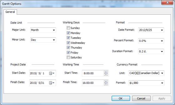 Gantt Options General Date Unit Working Days Format Sunday Monday Tuesday Wednesday Thursday Friday Saturday Major Unit: Mont