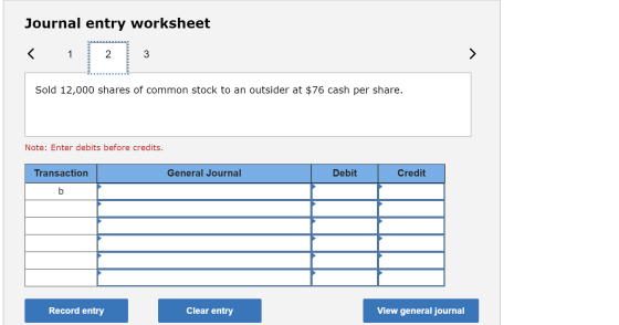 Journal entry worksheet < 1 2 3 > Sold 12,000 shares of common stock to an outsider at $76 cash per share. Note: Enter debits