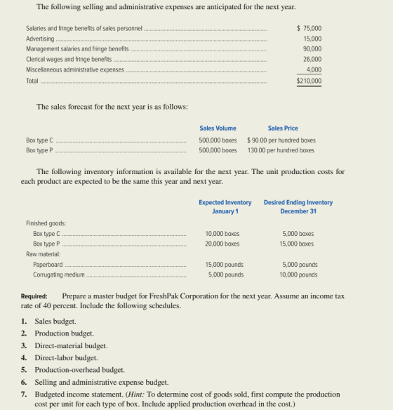 The following selling and administrative expenses are anticipated for the next year. Salaries and fringe benefits of sales pe