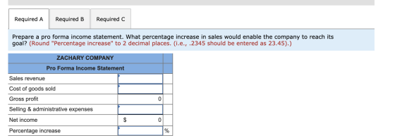 Required A Required B Required C Prepare a pro forma income statement. What percentage increase in sales would enable the com