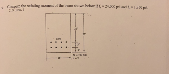 g. Compute the resisting moment of the beam shown belowiff, 24,000 psi and f, - 1,350 psi. (10 pts.) 21 27 8#8 3 3 M- 120 t-k 169
