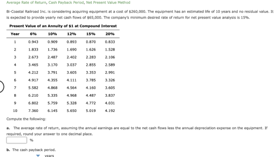 Average Rate of Return, Cash Payback period, Net Present Value Method Bi-Coastal Railroad Inc. is considering acquiring equip