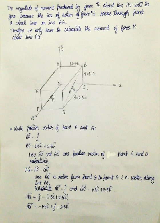 The magnitude of moment produced by force. B about lime AG will be zero because the line of aclion of force pe hasses through