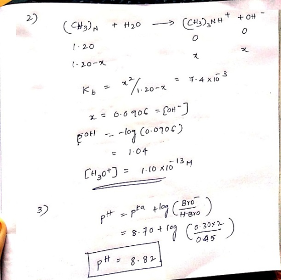 ( C632 + H2O + (CHỊ),N H+ + 01 0 1-20 1-2o-2 Kb = %.2018 - 4.4x163 x = 0.0906 = [OH-] poh -- -log(0.0906) = 1.04 [H3O+] = 1.1