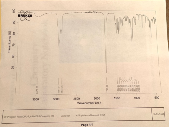 BRUKER 883289 1000 500 2000 Wavenumber cm-1 3500 3000 2500 1500 18/03/2019 C-1Program FilesIOPuS, 65MEASICamphor 110 Camphor