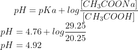 pH = pKa + log \dfrac {[CH_3COONa]}{[CH_3COOH]} \\ pH = 4.76 + log \dfrac {29.25}{20.25} \\ pH = 4.92
