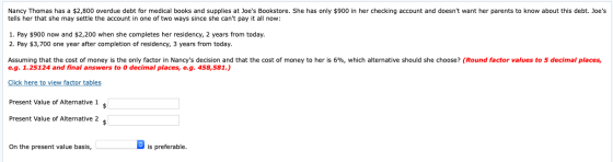 Nancy Thomas has a $2,800 overdue debt for medical books and supplies at Joes Bookstore. She has only $900 in her checking a