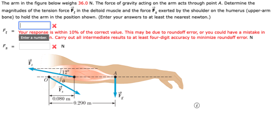 The arm in the figure below weighs 36.0 N. The force of gravity acting on the arm acts through point A. Determine the magnitu