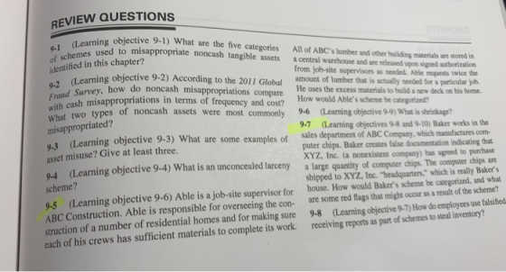 REVIEW QUESTIONS biective 9-1) What are the five categories o misappropriate noncash tangible assets 9.2 (Learning objective