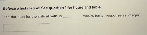 - Software Installation: See question 1 for figure and table. com The duration for the critical path is - Weeks (enter respon