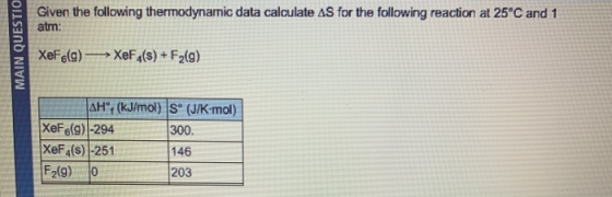 MAIN QUESTIO Given the following thermodynamic data calculate AS for the following reaction at 25°C and 1 atm: XeF(9) —— XeFe