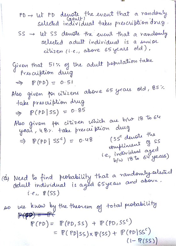 PD →ut PD duotet thee out that a random idual takus pvescription drug dult) nduv SS → utSS danteやし cut that a ran randlondly old) seluctd adult individua is a sio iven that 51% the adult population taee Aloo given take pres cipten d ug ter citizen which aue bfus 18 to 6 ie., indlividual aged ay Ned to find iebabiliy that a randemly seleie adult individual s agdd 65yeauo and abev* Ao ue kuowed the theo em 연 total pobability