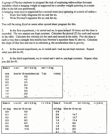 A group of Physics students is nssigned the tosk of exploring relhtionships betwetn variables when a hanging weight is supporled by a smaller weighj spinning in a cirle (like in the lab you performed). A haning nass (mz) is supported by a sccond mass (mi) spinning in a circle of radlus r I Draw free body dingrams for mand for mi. 2.Write Newtons equation form and for m. You will he using Excel or some other sprend sheel progm for this. 3, the firs experimenl, r is varied and m is spun around 10 times and he time is recorded. The two masses are kept constant Calculate the period (T) for each and record in the table. Calculate the velocity (v) for each and record in the table. Plot the data in such a way that a straight line results (use Newtons equation from #2 above). Calculate the slopc of tha lne nnd use it lo cniculate g, the acceleralion due to gravity 4. In the second experiment, m, s varied and r and m2 are kept consianı. Repeat what you did for #3. 5. ln the third experiment, m, is varied and rand 뀌」are kept constnn. Repeat whal you did for #3. Data 3 r10.2 kg m215kg 0.0 0.3 0.5 0.7 0.0 4.2 5.1 6.4 7.6 8.3 9.0 9.3 1.2 1.4 Data vsmt m2 2.5 ikgr-1.2 m Data S Vvs m2 m1 kg 0.0 0.1 0.2 0.3 0.4 0.5 0.6 ime for 10 rav (s) m2 Ikg ime for 10 rev (sl 0.0 0.8 0.82.7 0.0 4.7 1.0 11.4 9.6 8.5 8.D 11.6 2.0