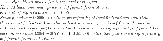 equal Ho Mean prices for three levels are a. price is different from others Ha At least one mnean b. Level of significance Si