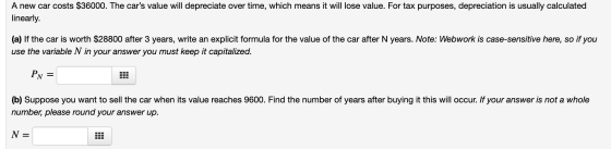 A new car costs $36000. The cars value will depreciate over time, which means it will lose value. For tax purposes, deprecia