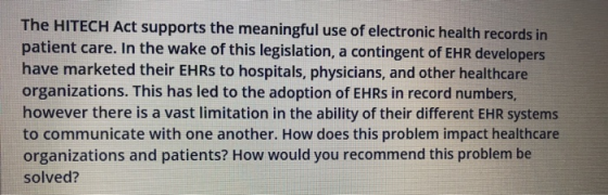 The HITECH Act supports the meaningful use of electronic health records in patient care. In the wake of this legislation, a c