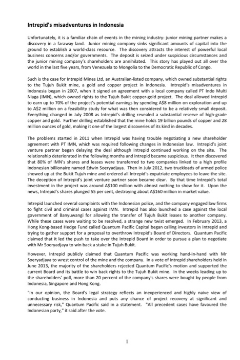 Intrepids misadventures in Indonesia Unfortunately, it is a familiar chain of events in the mining industryJunior mining par