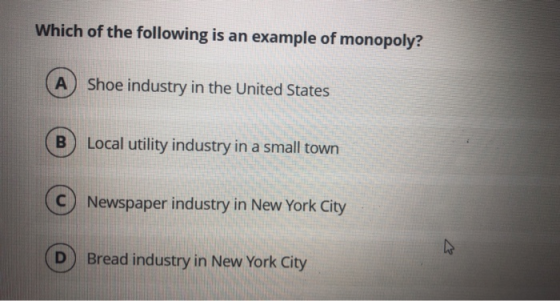 Which of the following is an example of monopoly? Shoe industry in the United States (B) Local utility industry in a small to